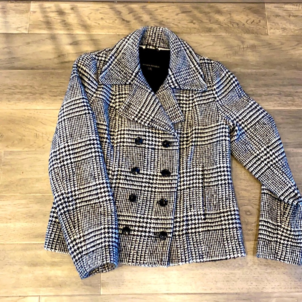 Banana Republic black and white plaid pea coat